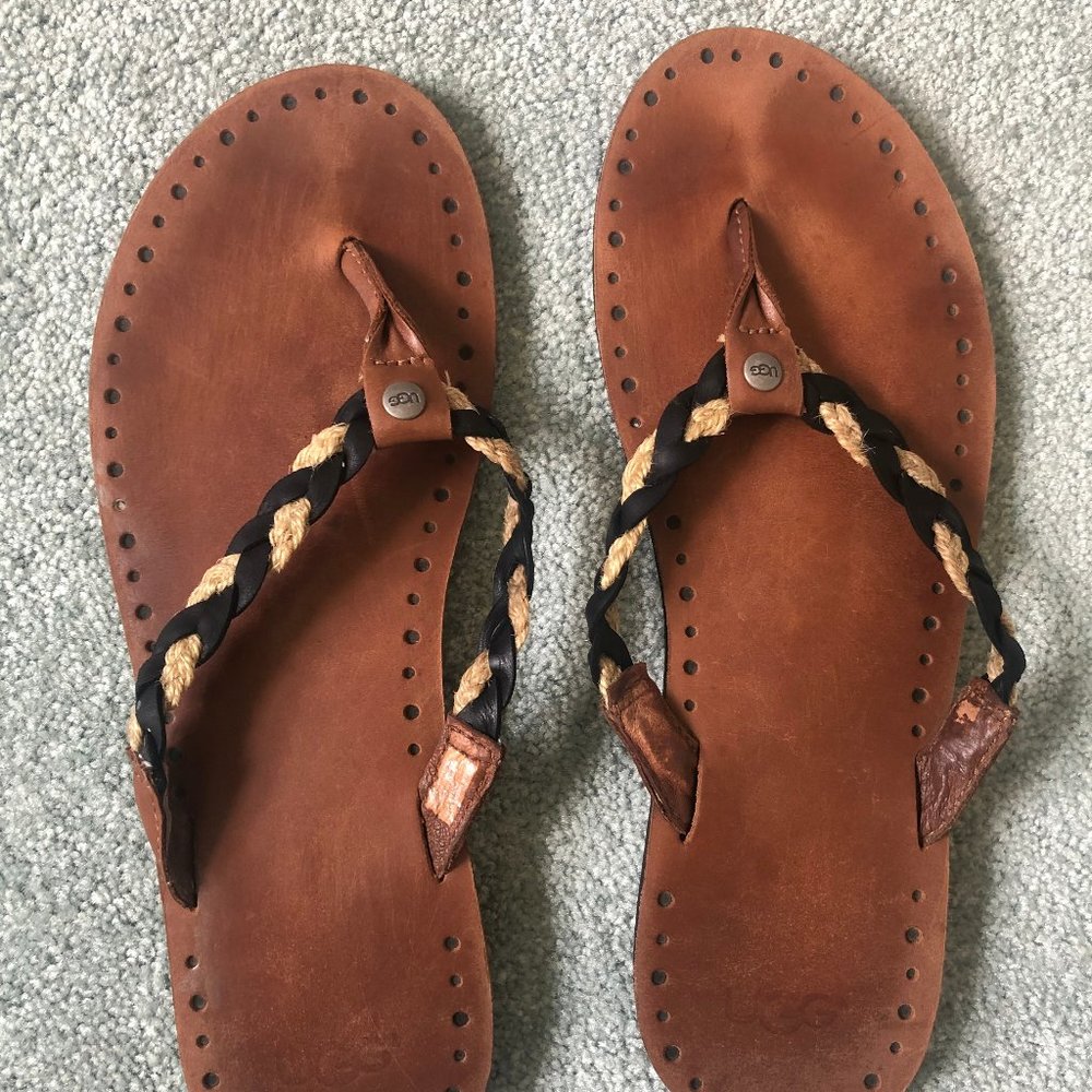 UGG flip flops brown leather size 10